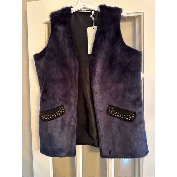 La Bellum Hillary Scott Faux Fur Vest Open Front medium navy blue beaded - Picture 7 of 7